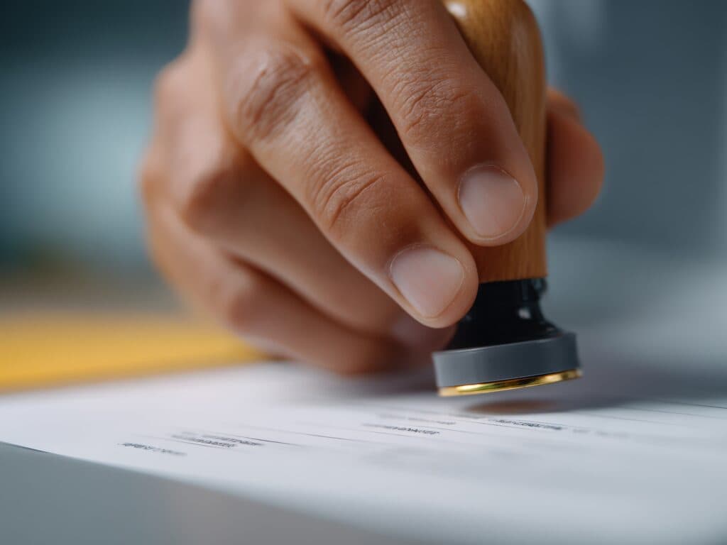 Close-up of a hand stamping a shipping manifest or bill of lading