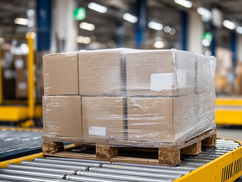Industrial warehouse floor showing pallet stacked with various sized cardboard boxes wrapped in plastic, ready for transport, conveyor belts and loading docks faintly visible in background