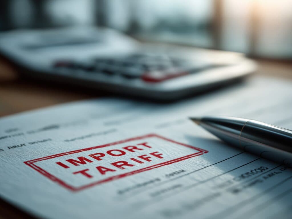 Import tariff document stamped in red on desk with pen nearby