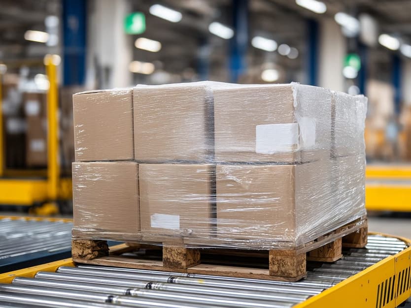 Industrial warehouse floor showing pallet stacked with various sized cardboard boxes wrapped in plastic, ready for transport, conveyor belts and loading docks faintly visible in background
