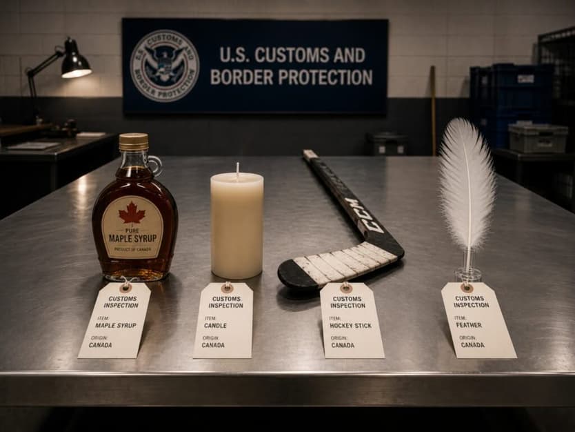 A customs table with Canadian maple syrup, a candle, a hockey stick, and a feather.