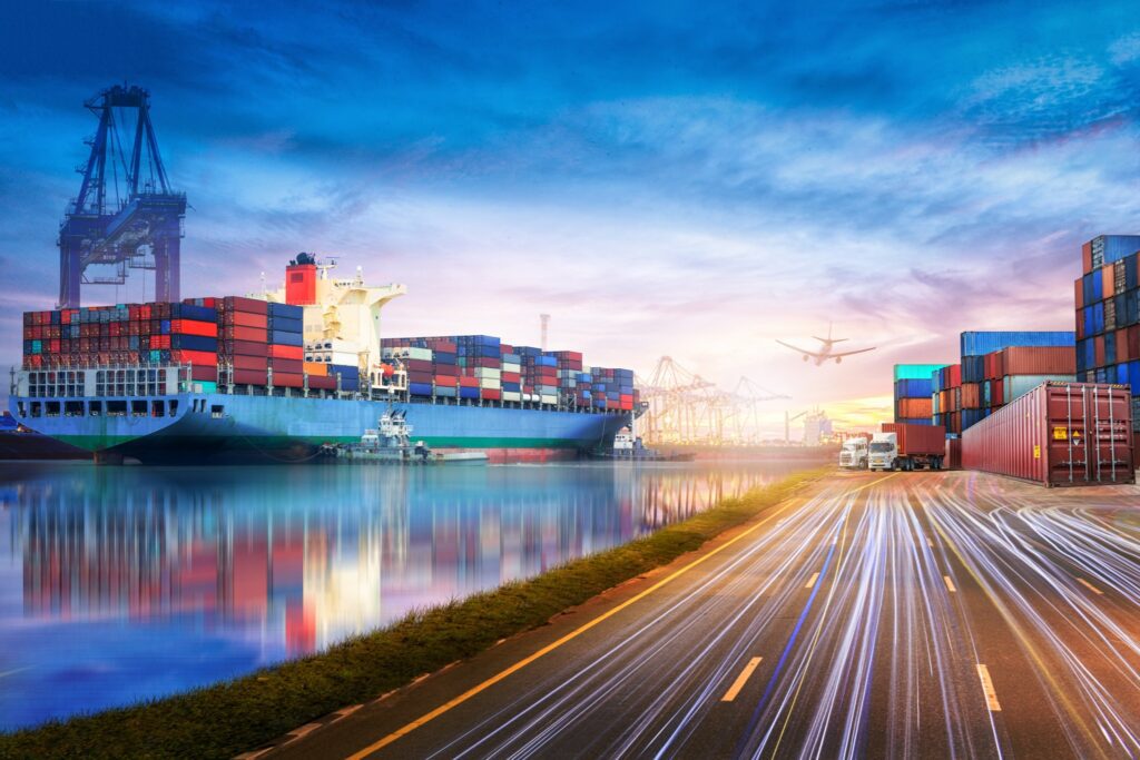 Logistics and supply chain security scenes at a major shipping harbor