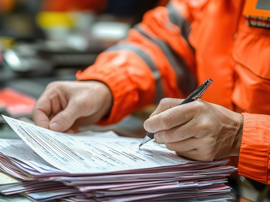 Customs documents being reviewed and stamped at a border checkpoint