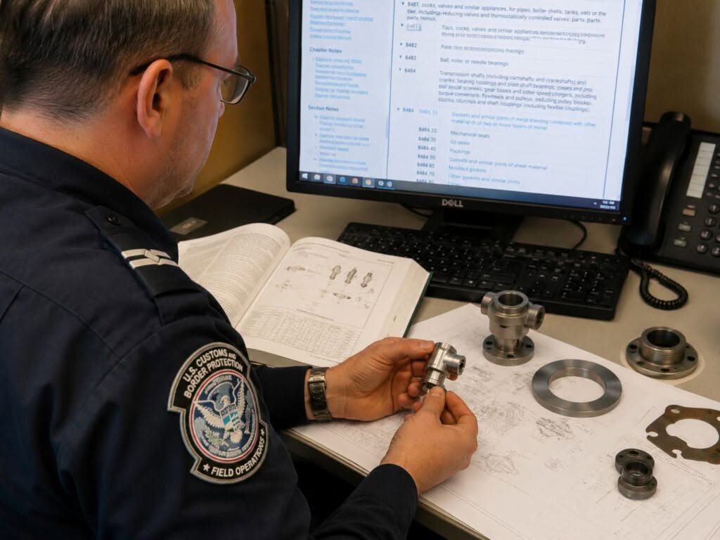 Customs officer sitting at a desk inspecting machine parts and reviewing the GRI on a computer.