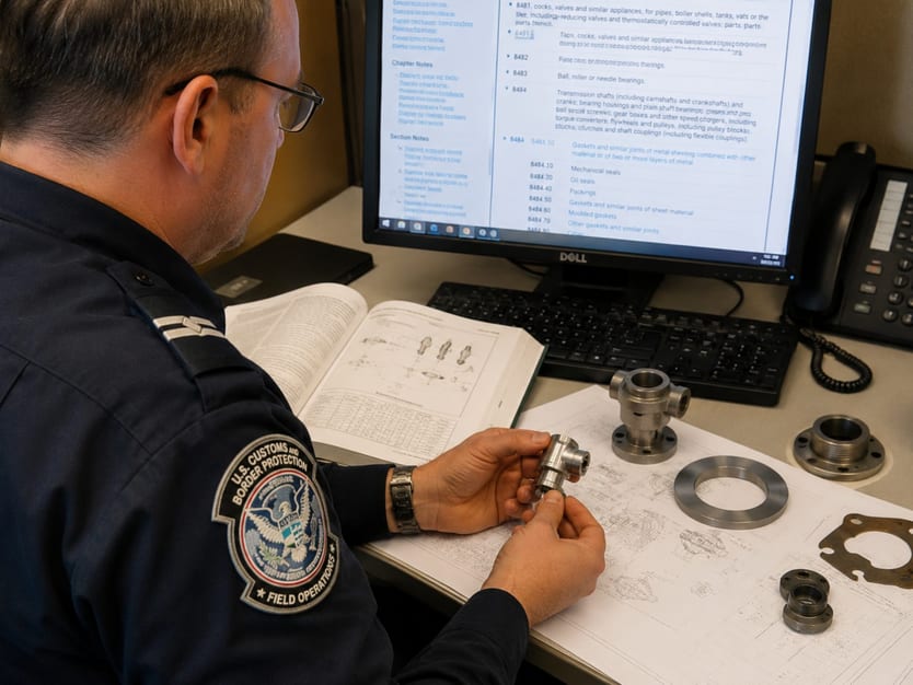 Customs officer sitting at a desk inspecting machine parts and reviewing the GRI on a computer.