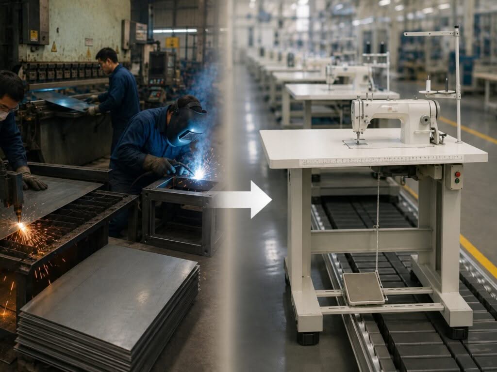 A side by side comparison of manufacturing lines with one that fabricates metal and another than produces a finished product.